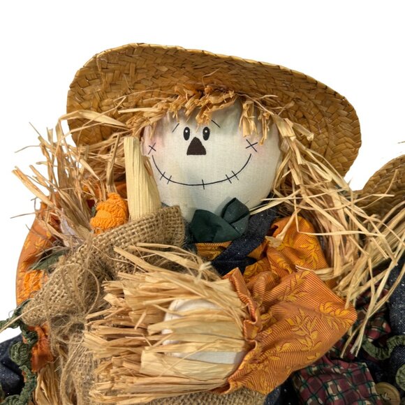Decorative Harvest Scarecrow Couple With Straw Hats & Fabric Clothing - Picture 3 of 7